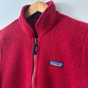 Patagonia Woolyester Womens Medium Red Sherpa Fleece Full Zip Jacket Navy Trim